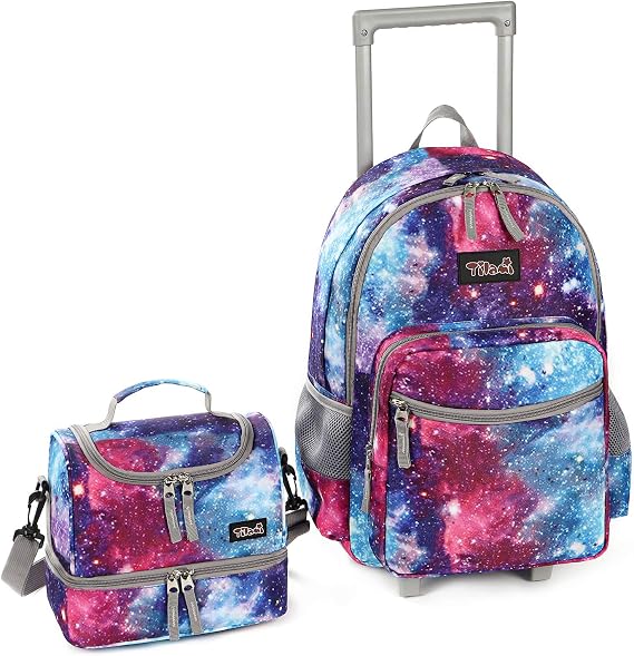 Tilami Rolling Backpack 18 inch Double Handle with Lunch Bag Wheeled Kids Backpack for Girls and Boys, Galaxy, 18 Inch, Laptop