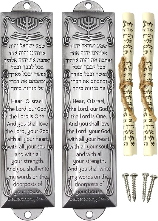 2 Pack Mezuzah with Scroll for Door - Jewish Mezuzah for Door Metal Cases with English and Hebrew Blessing for House Warming Hanukkah Gift (Antique Silvers)