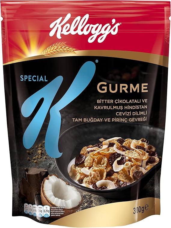 Kellogg's Special K Gurme Kavrulmuş Hindistan Cevizi Dilimi ve Bitter Çikolata Parçalı Kahvaltılık Tam Buğday ve Pirinç Gevreği 300 Gr,Tam Tahıllı,Lif Kaynağı,En Az %42 Kakao Kitlesi içerir