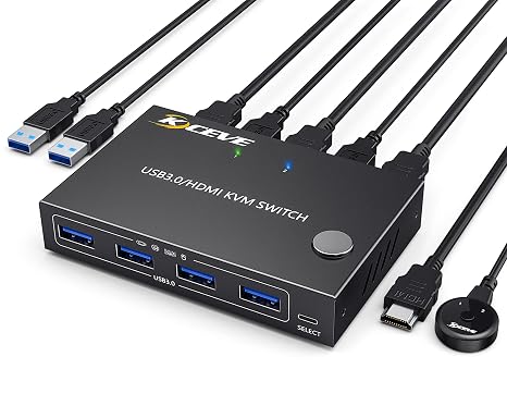 KVM Switch 2 Computers 1 Monitor HDMI, KVM Switch for 2 Computer Share 4 USB 3.0 Ports Mouse Keyboard, 4K@60Hz, Wired Remote(4K HD 2 in 1 out KVM)