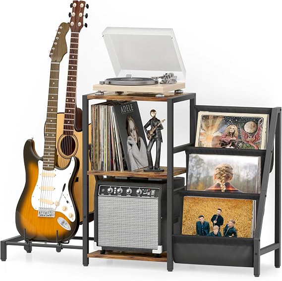 Bikoney Record Player Stand with Guitar Rack & Vinyl Storage for 200 LPs
