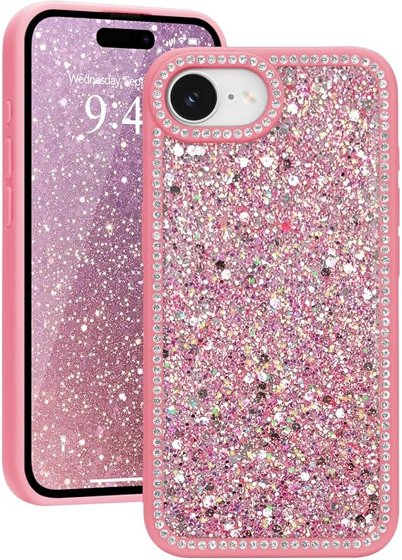 Glitter Rhinestone Crystal Case for iPhone 16e/17e, Hot pink