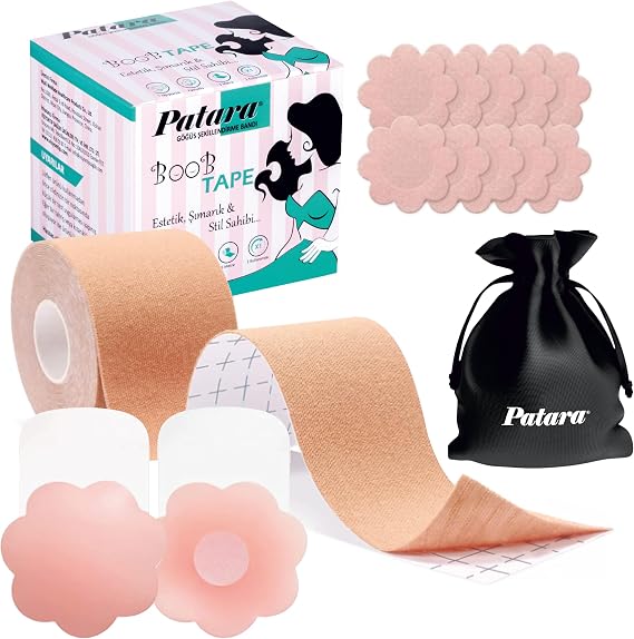 Patara Premium Göğüs Dikleştirici Bant Seti | 5cm x 5m | 8 Saten + 2 Silikon Ped | Suya Dayanıklı | Hipoalerjenik | Ten Rengi