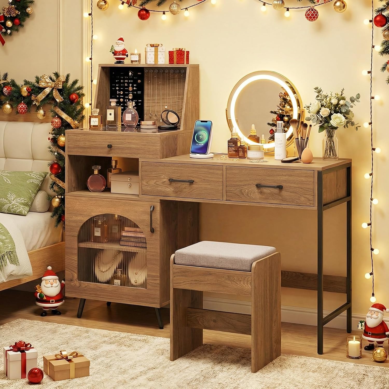 Multigot Dressing Table Set with 3-Color LED Lights Swivel Mirror, Makeup Vanity Desk Cosmetics Table Set with Charging Station, 3 Drawers, 120 Ring Slots, 10 Necklace Hooks and Side Cabinet (Natural)