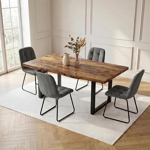 Rectangular Dining Table Set, 145cm Rustic Kitchen Table with 4 Velvet Dining Chairs, Wooden Dining Room Table Set with Sturdy Metal Frame