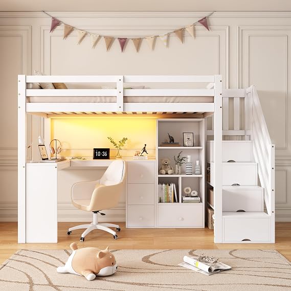 3ft Single Loft Bed with L-Shaped Desk & Storage Stairs, Wooden Bed Frame Space-Saving with LED Lights, Drawers & Storage Locker, No Mattress ﻿