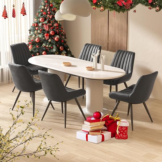 Hawthyhome Dining Chairs Set of 6 |Upholstered Chairs with 10cm Thick Seat Cushion •Upholstered Fabric Dining Chair •Kitchen Chair with Backrest •Modern Armchairs with Metal Legs •Black