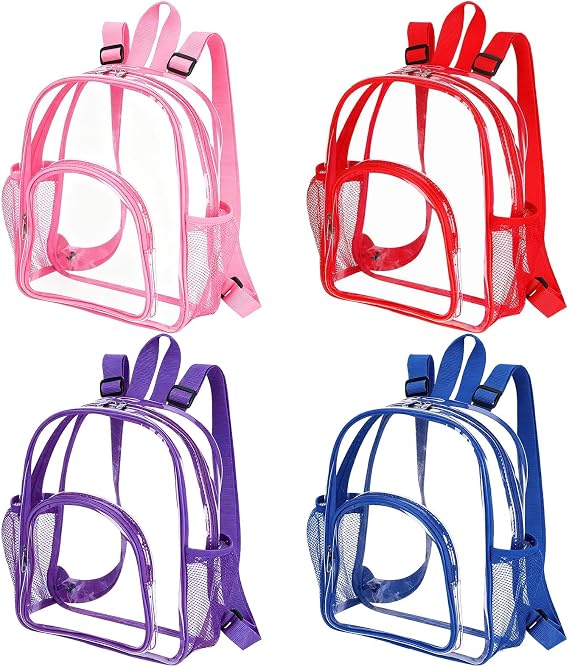 4 Pcs Clear Backpack Bulk, Stadium Approved See Through Transparent Rucksack 12x9.4 Inch Waterproof PVC Mini School Bookbag Gym Bag for Concerts, Festivals, Work Security, Sports Events