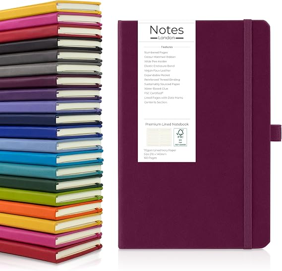 Notes London Eco A5 Notebook with Lined Pages, Contents Page, Pen Loop, Ribbon, Numbered Pages, Date Marks & Paper Pocket, Medium Hardback Journal, sustainably sourced paper (Burgundy)