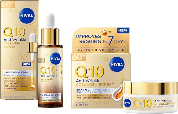 Bundle of NIVEA Q10 Anti-Wrinkle Collagen Expert 3in1 Repairing Serum (30ml) + Expert Day & Night Facial Butter (50ml), Serum and Face Cream Skincare Bundle, For 60+ Mature Skin