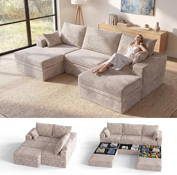 Modular Sectional Sofa with Storage, 270cm Corduroy Cloud Sofa