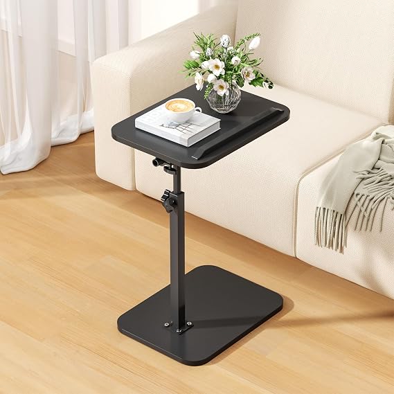 C Shaped Side Table, 360° Swivel 180° Flip Bedside Table with Slat, Height-Adjustable End Table, 30x40cm Foldable TV Tray for Living Room, Bedroom - Black