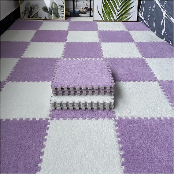 12 Pcs Interlocking Carpet Tiles, Plush Foam Square Floor Mats Set, Puzzle Floor Mat For Living Room, Bedroom And Hard Floor, 12 Tiles/12 Sq.Ft(Color:Purple+White)