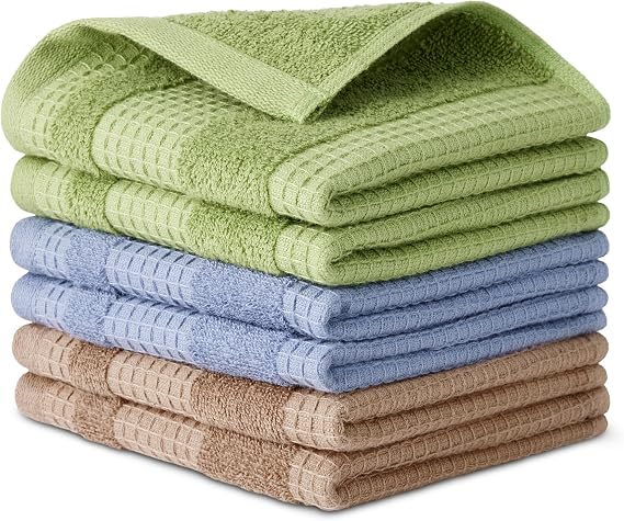Amazon Basics Waffle Textured Organic Cotton Tea Towels, Ultra Absorbent, Quick Dry, Lint Free, 12 x 12 Inch, Pack of 6 (2 Brown, 2 Green, 2 Navy Blue)