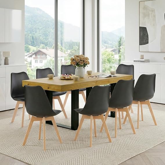 Rectangular Dining Table and Black Chairs Set of 8, 200 cm