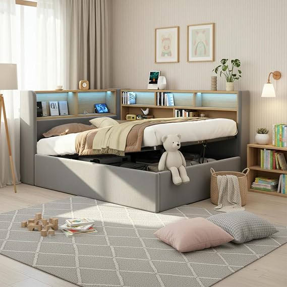 Miyemo Day Bed, 3ft Upholstered Single Bed Frame with Charging-Station & LED-Lighting, Ottoman Sofa Bed with Hydraulic & Storage Compartment, Velvet, 90x190cm, Grey, (No Mattress)