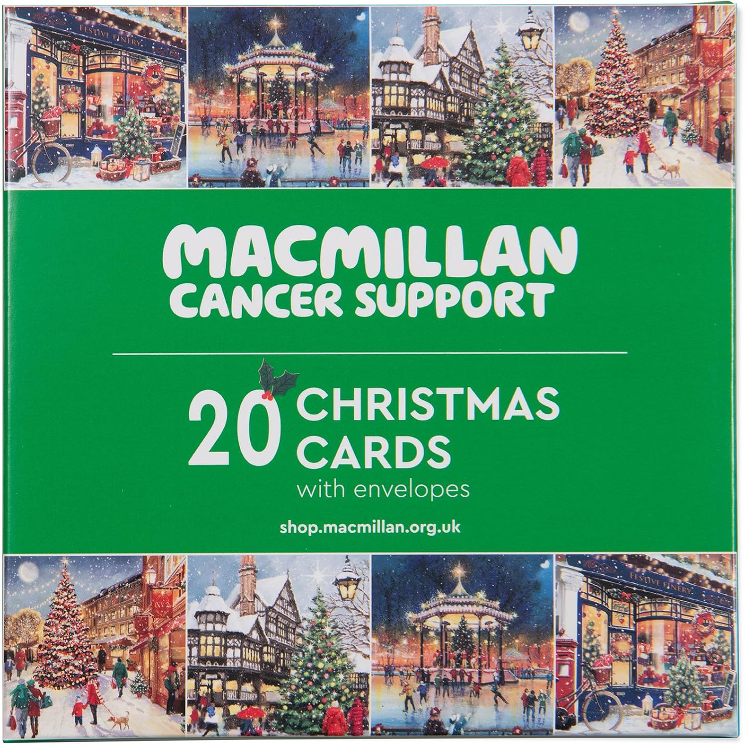 Macmillan Village Scenes Charity Christmas Cards – Pack of 20 Luxury and Eco-Friendly Christmas Cards. Boxed Multipack of 4 Seasonal Christmas Designs. 127x127mm Card Size