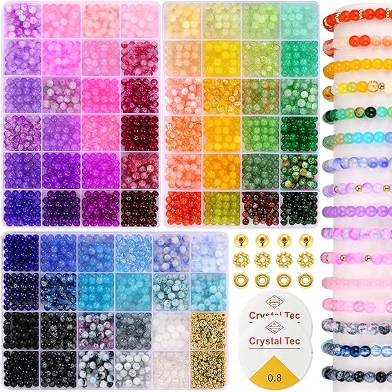 Funtopia 6mm Glass Beads for Bracelets Making,2700pcs 70 Colors Gemstone