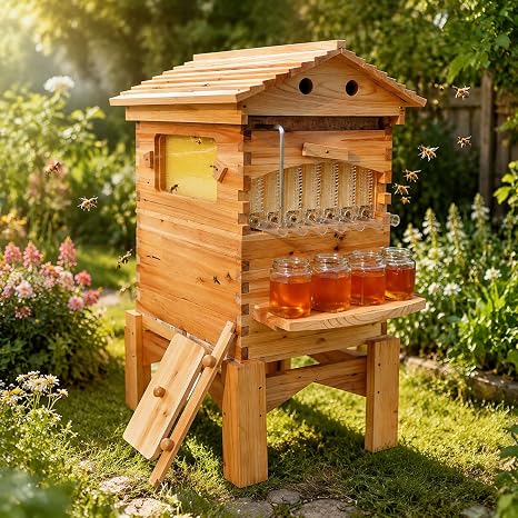 Bee Hive Starter Kit with Stand, 7 Frames Wooden Beehive Box with Observation Window, Bee Hives Boxes Kit for Backyard Beekeeping
