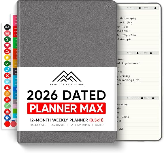 2024 Planner Pro Max - Dated 2024 Planner - Daily Planner, Weekly Planner & Monthly Planner 2024-2025 All-In-One - A4 8.5" x 11" - Grey - Productivity Store