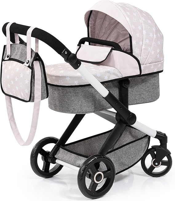 Bayer Baby Dolls Pram XEO - Convertible Doll Pushchair, Carrycot & Changing Bag - Foldable Stroller with Adjustable Handle Height for Girls, Tall Dolls Pram for 6 Years Plus, 3-5 Year Olds