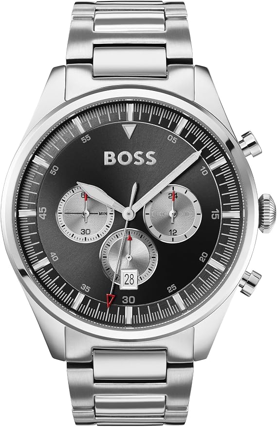 BOSS Men's 44mm Chronograph Quartz Watch Pioneer Collection with Black Dial, Silver Stainless Steel Bracelet, Date Fuction, 3 Sub-Dials, 5ATM Water Resistance - 1513712