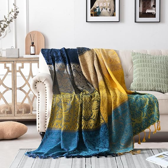 Throws for Sofas, Colorful Chenille Tassels Woven Hippie Throw Blankets for Couch Bed Sofa Settees,Bohemian Fringe Tassels Decor Home (Blue, 150x200cm)…