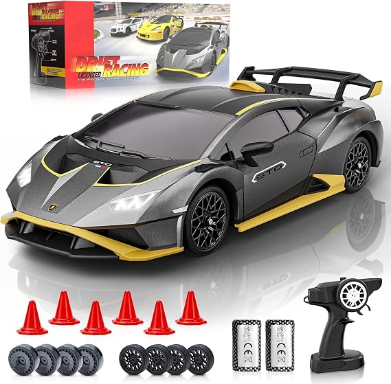 Lamborghini Remote Control Car, 1:18 Scale Officially Licensed Lambo Huracan STO Model Toy Car, 10mph High Speed 4WD RC Drift Car with LED Light, Birthday Gift for Kids and Adults (Grey)