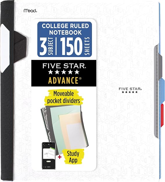 Five Star Advance Spiral Defter + Çalışma Uygulaması, 3 Konu, Kolej Çizgili Kağıt, 11" x 8-1/2", 150 Yaprak, Spiral Korumalı ve Hareketli Bölücüler, Beyaz, 1 Adet (73142)