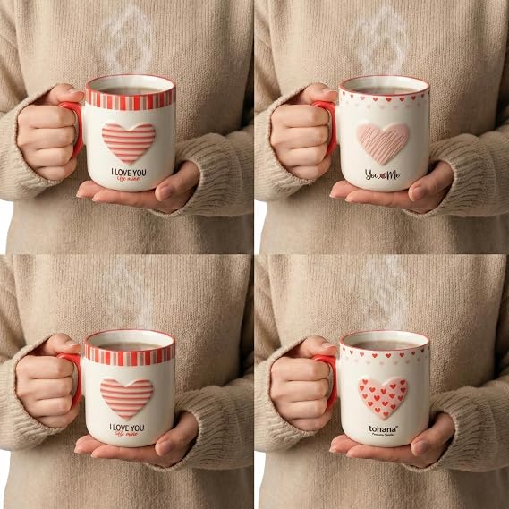 Deconox Kalp Kulplu ve Desenli Porselen Kupa - 4 Farklı Romantik Modelden Biri (Sürpriz/Asorti) - Sevgililer Günü ve Özel Gün Hediyesi Kahve Bardağı