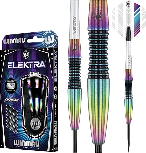 WINMAU Elektra 90% Tungsten Darts with Prism Flights and Vecta Shafts (Stems) 22g-24g-26g weights available - Urban Grip - Match Weighed - Streamline Torpedo Profile
