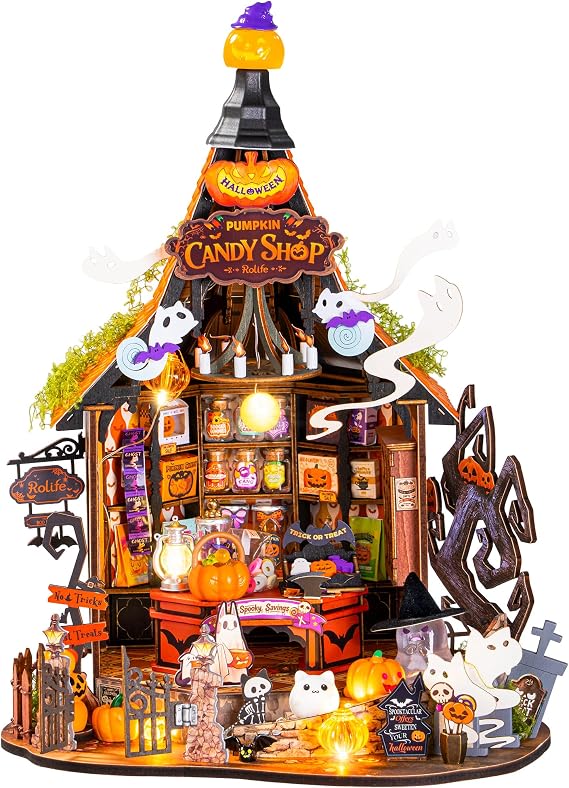 Rolife ハロウィン お化け屋敷 DIY ミニチュアハウスキット LEDライト9個付き 初心者に優しい小さな家モデル組み立てキット 不気味なハロウィーンの卓上装飾 DIYクリエイティブホビーギフト ティーン向け