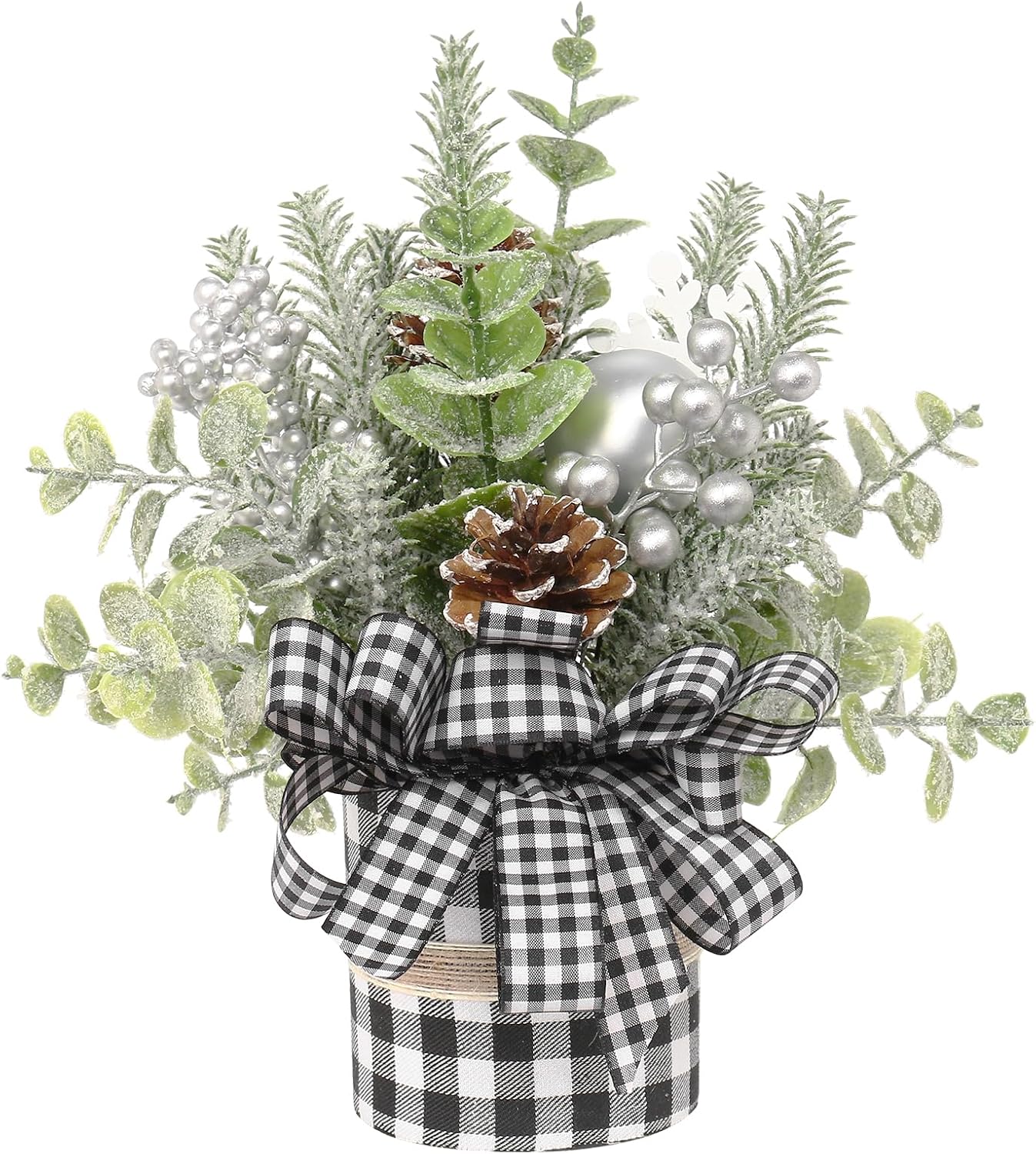 Small Buffalo Check Plaid Christmas Tree, Artificial Mini Tabletop Christmas Tree Decorations, for Home Hliday Party Xmas Decor - BlackWhite.