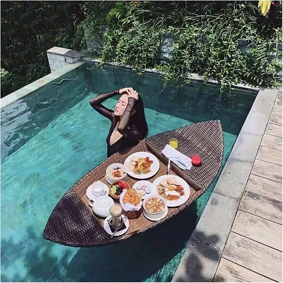 Luxury Floating Serving Tray Pool Tray Table, Pe Rattan Floating Tray, Waterproof Floating Breakfast Tray, Boat Shape Pool Floating Bar, Stylish Floating Serving Tray