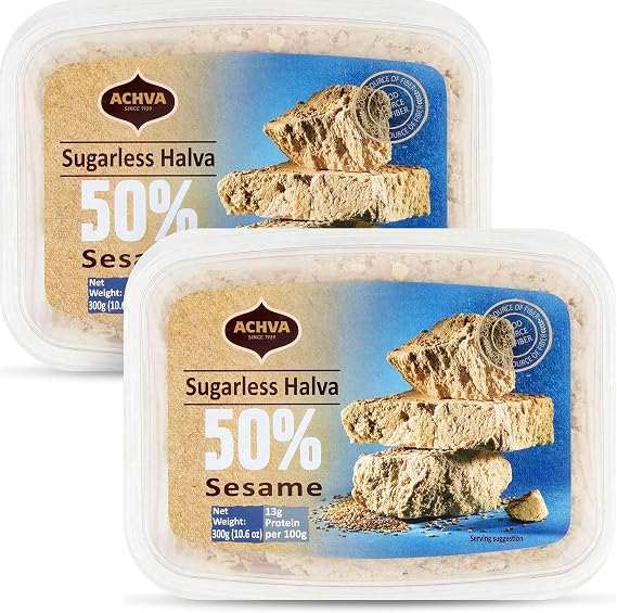 Achva Halva Tahini Tubs - Vanilla Flavour Tubs with 50% Sesame - Pack of 2 (300G each) - Plant-Based Sugar-Free Snack with 13G Protein - Sugar Free Halva Sesame - Kosher Certified Healthy Snacks