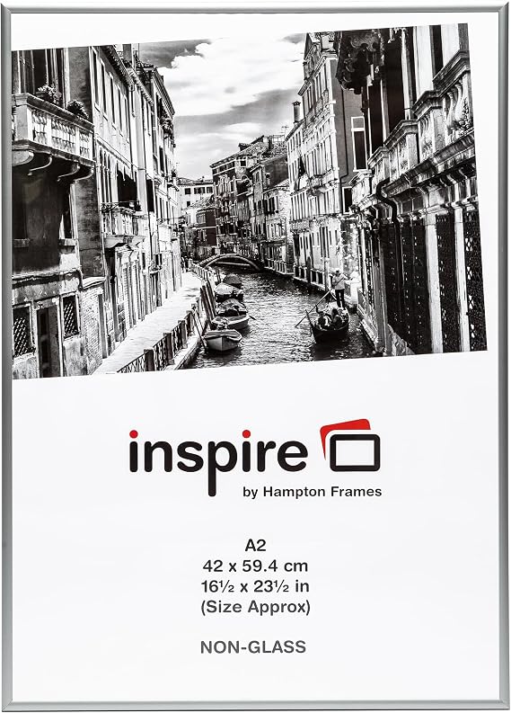 Hampton Frames | Poster Certificate Photo Frame | A2 (42x59cm), Silver, Aluminium, Rectangular | Acrylic Front, Wall Hanging, Easy Access Spring Clips | Modern Display for Photos & Certificates