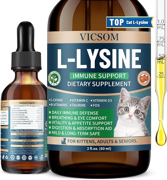 Lysine for Cats - Immune Support, 60ML Liquid L-lysine for Cats, Cat L-lysine Supplement for Feline Respiratory, Sneezing, Runny Nose, Eye Function, Natural Strengthen Defenses, Chicken Flavor