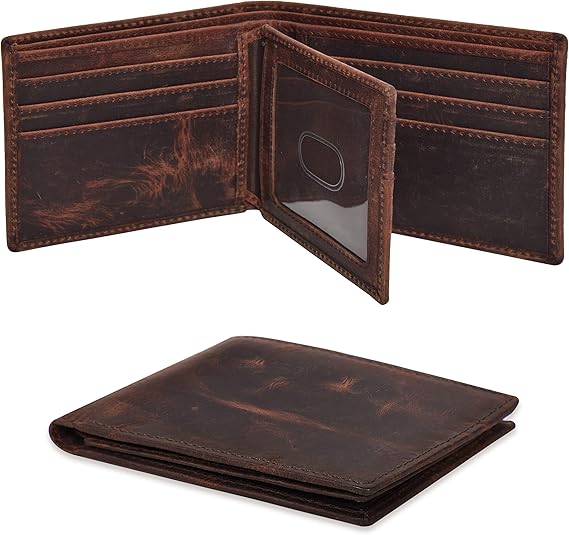 Real Leather Bifold Wallet for Men - Wallets with 9 Credit Cards 1 ID Window Slim Minimalist Front Pocket Billfold (Brown)