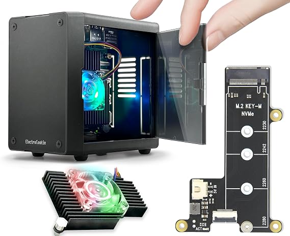 ElectroCookie Mini PC Case for Raspberry Pi 5 with M.2 NVMe SSD PCIe HAT and Active RGB Lighting Cooler (Black Case + M.2 HAT[X1001])