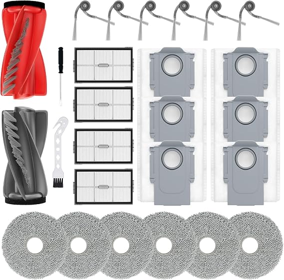 26Pcs Replacement Parts Accessories Kit Compatible with for Roborock Saros 10R Robot Vacuum, 2 Main Brush, 4 Hepa Filter, 6 Mop Pads, 6 Side Brush, 6 Dust Bags, 1 Screwdriver 1 Clean Tool