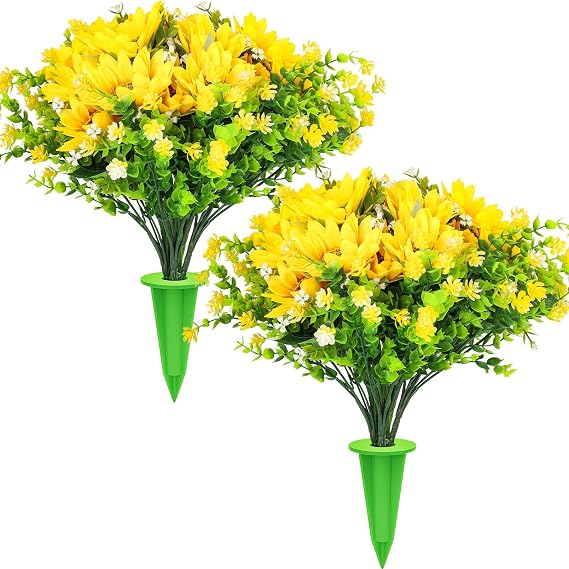 Sunflower Artificial Flowers for Outdoors, Indoor Fake Floral with Ground Spike for Door Yard Porch Patio Garden Window Box Office Table Kitchen Home Planter Pot Vase Flowerpot Yellow White (B)