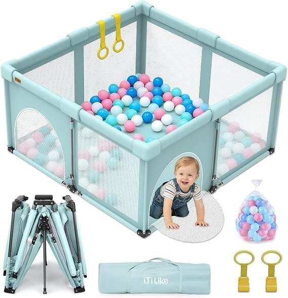 折りたたみ式ベビーサークル 59x70インチ 赤ちゃんと幼児用 オーシャンボール50個&ハンドル2個付き 屋内&屋外 キッズ安全プレイペンエリア ポータブルトラベルプレイヤード