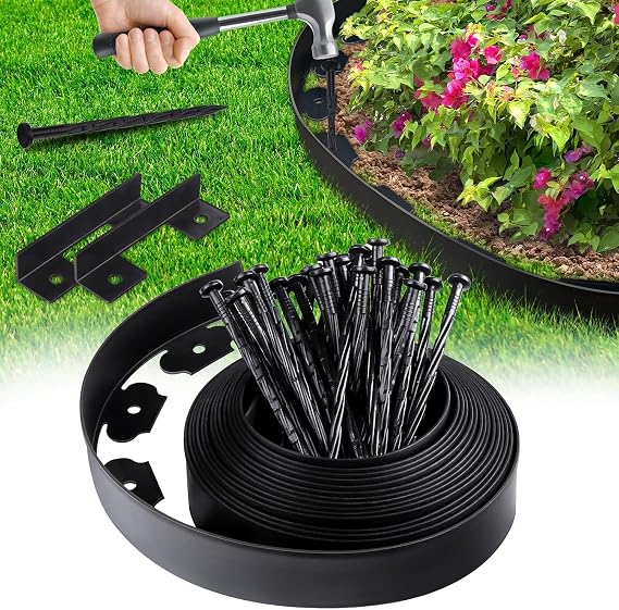 Lawn Edging Border, 10m Flexible Garden Edging Border with 30 Pegs, Plastic Garden Borders Edging with 6cm High, Flexible Landscape Fence Grass Edging for Paths, Yard and Flower Beds, Black