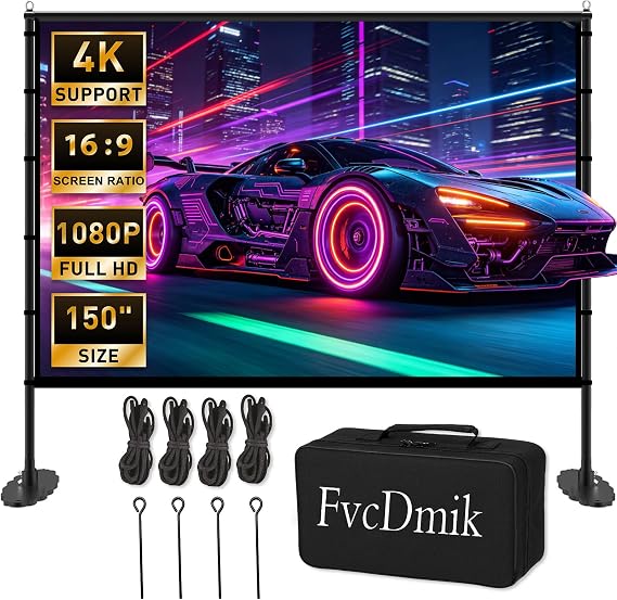 スタンド付き150インチプロジェクタースクリーン、16:9 4k Hdポータブルアウトドアムービースクリーン、しわになりにくい折りたたみ式屋内投影スクリーン キャリーバッグ&グラウンドネイル付き 裏庭シネマホームシアター用