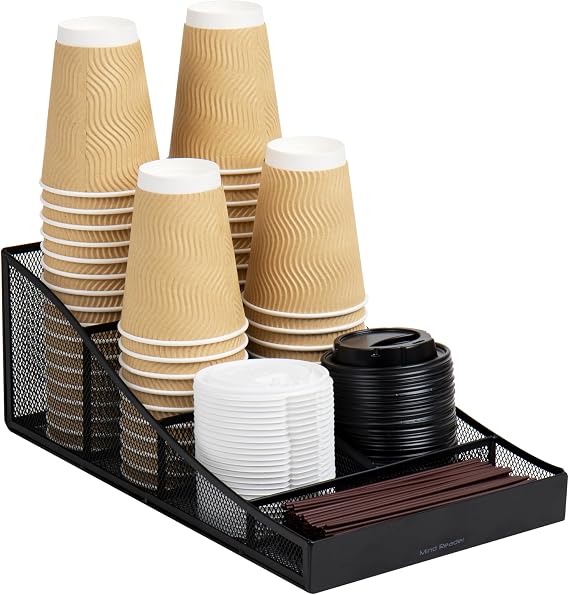 Mind Reader COMP7MESH-BLK 7-Compartment Coffee Cup and Condiment Countertop Organizer, Metal Mesh, 8.5" L x 14.5" W x 5.25" H, Black