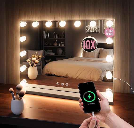 GloBrite Hollywood Vanity Mirror with 15 Dimmable LED Bulbs - 3 Lighting Modes, 10x Magnification, Touch Control, USB Charging, Wall/Tabletop, Lighted Makeup Mirror for Bedroom, Dressing Room - White
