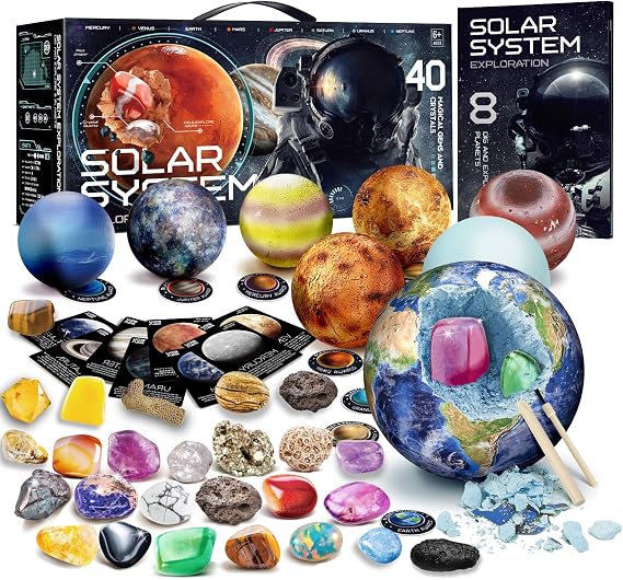 EDUMAN Gemstone Dig Kit - Dig up 40 Real Gems & Crystals with Mining Tools, Solar System 8 Planets Science Kits for kids age 6-13, STEM Science Educational Toys, Space Toys Gift for Boys and Girls