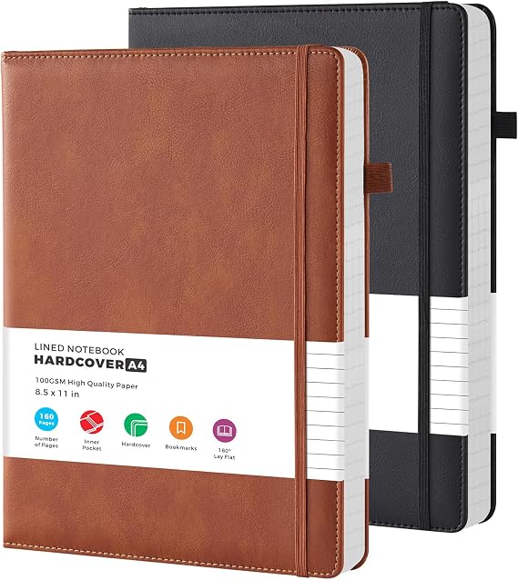 FOCUS DAY (2 Pack) A4 Notebook Journal, Large A4 Leather Notepad with 100GSM Lined Paper, Inner Pocket, Pen Loop, Hardback Note Book for Women/Men Work Writing, 21.5 x 28 cm, Brown & Black