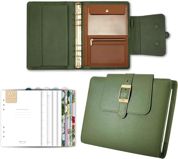 A5 Organiser Planner, Premium Faux Leather Refillable 6-Ring Binder with 80 Sheets, Dividers and Zip Pouch, Undated Notebook Set, 14.7 x 21.1 cm