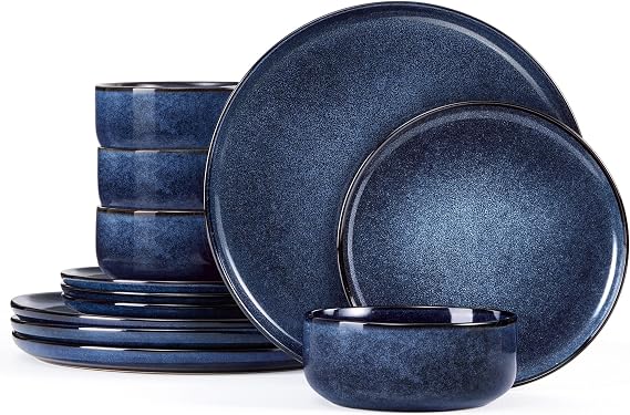 Homikit 12Pcs Dinner Set, Reactive Glaze Stoneware for 4, Nebulas Blue